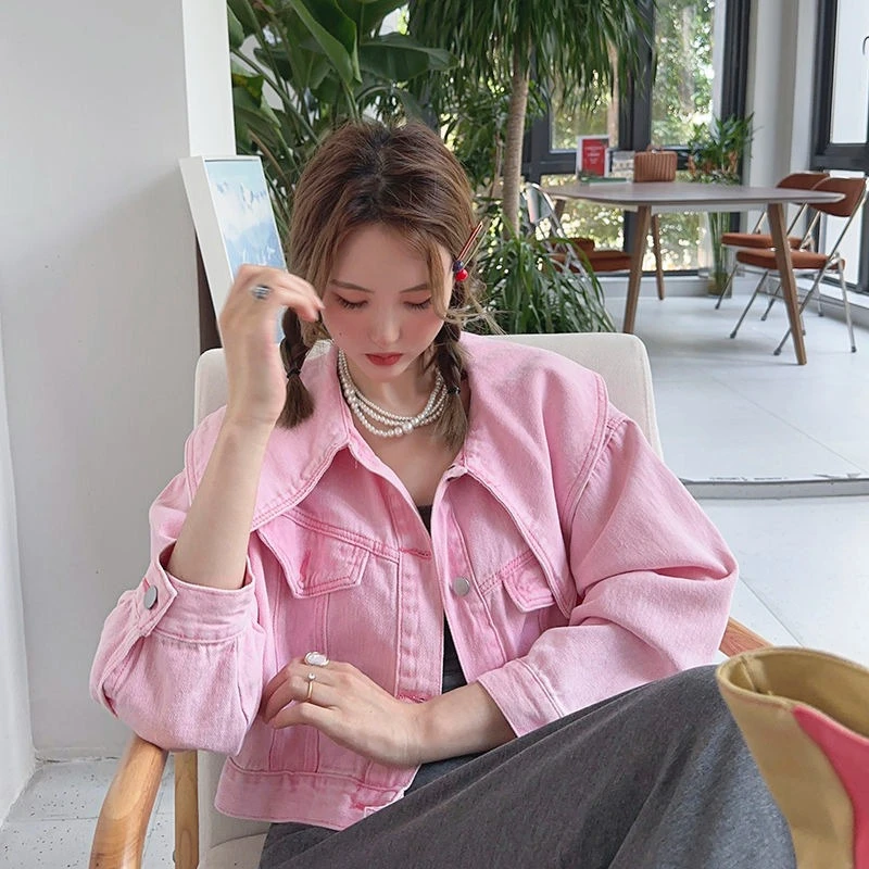 

Korean Women Short Denim Jacket 2025 Spring Autumn Pink Sweet Doll Collar Lapel Chic Small Fresh Design Trendy Coat