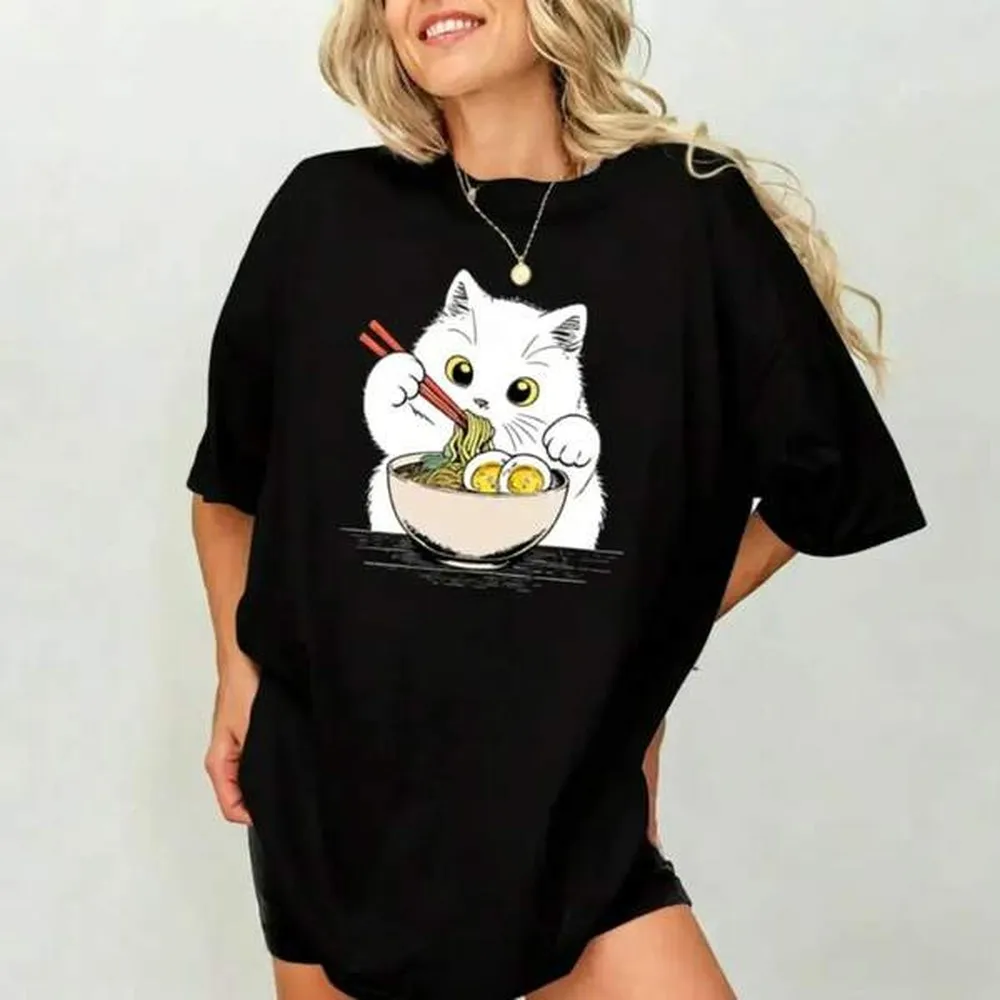 Shirts Graphic Tees,Cute Black Cat With Ramen Shirt, Noodle Cat Graphic Tee, Cat Lover Unhinged Tees, Women Outfits,Crew Neck Short Sleeve 100% Cott