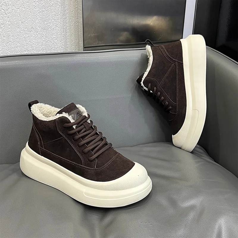 Men's Winter Snow Boots Fleece Lined Fur Integrated High Top Cotton Boots Outdoor Casual Heightening Workwear Cotton Shoes
