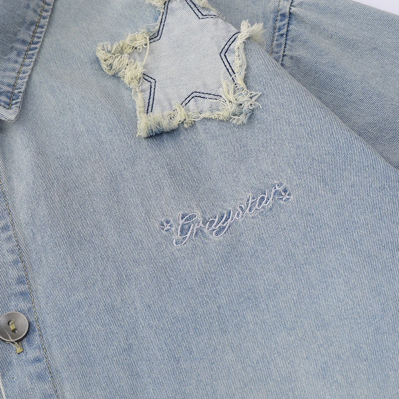 Men Streetwear Vintage Jean Ragged Star Patch Embroidery Cotton Summer Casual Harajuku Shirt Short Sleeve Wash Button Cardigan