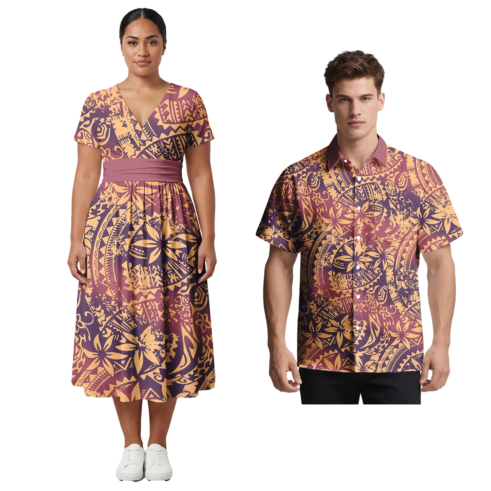 Conjuntos de Pareja de Diseño de Lujo, Camisa Polinesia Moderna para Hombre, Vestido Samoa para Mujer con Estampado Personalizado, Conjunto Aloha para Pareja