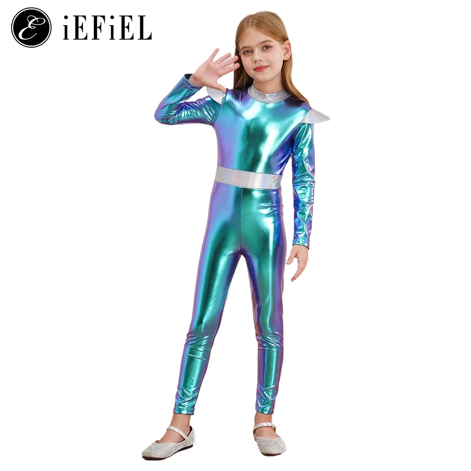 Kind Buitenaardse Buitenruimte Toekomstige Robot Cosplay Kostuum Metallic Full Length Zentai Jumpsuits Astronaut Tech Thema Cosplay Dress-Up