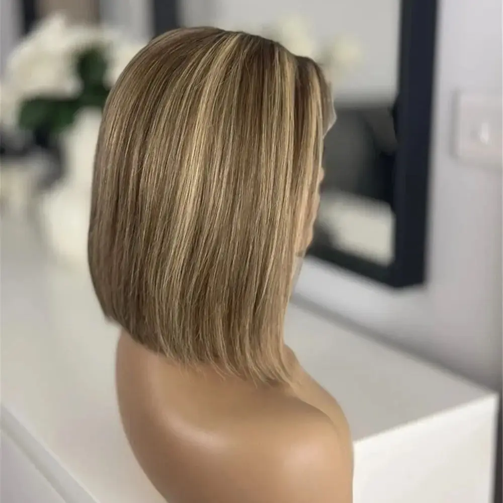 

Женский парик Bob Free Part с реалистичным видом, натуральные прямые волосы, 180% плотность, синтетический, с кружевным верхом, омбре, карамельно-коричневый, короткие волосы