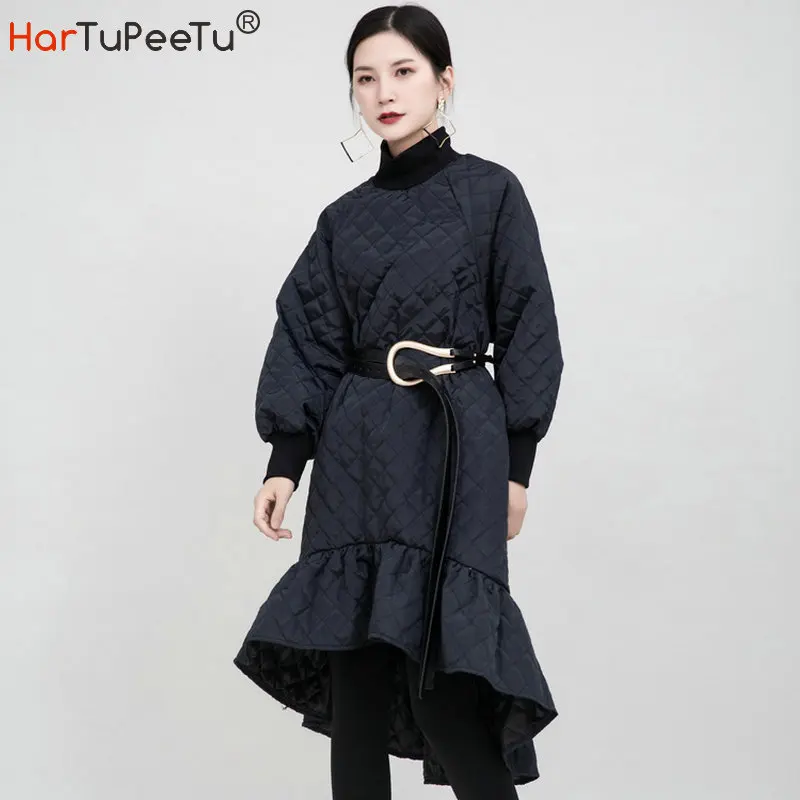 

Russian Early Spring Women Black Asymmetrical Ruffles Split Dress Patchwork Cotton Padded Mermaid Trumpet Hem Tide Full Sleeve