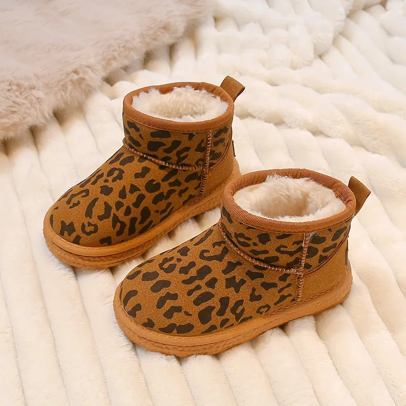 Leopard Pattern Children Snow Boots Winter Plush Thick Warm Soft Boys Girls Ankle Shoes PU Slip On Anti Slip Kids Boots