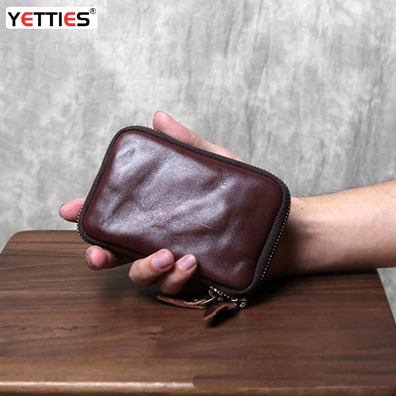 YETTIES Vintage Leather Zip Pouch, Hand-Pulled Grain Top Grain Cowhide Organizer for Keys, Cards, Coins & ID, Retro Small Bag