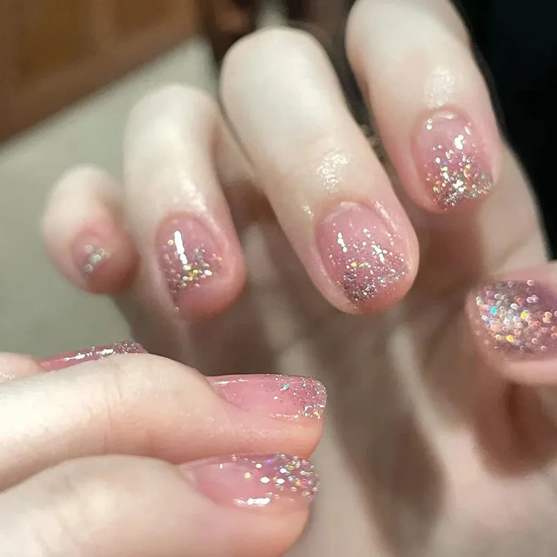 

Show temperament ice flash nail art French glitter white new high-end sense wear nail false nail piece finished product