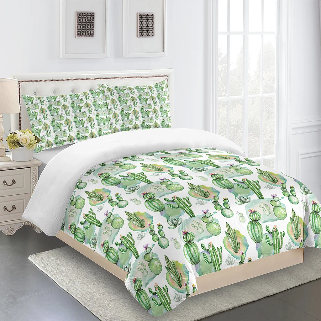 Duvet Cover 1 Person Plant Green Cactus 3D Quilt Cover Bedding Set + 2 Pillowcase Full Double Bed Set Bedroom Decoration