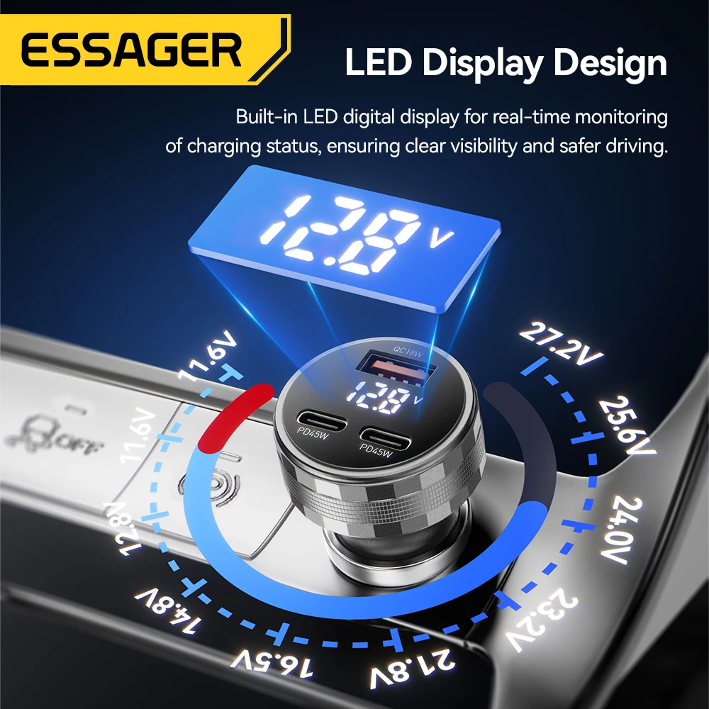 Essager 108 واط 3 منافذ USB شاحن سيارة شاشة ديجيتال PD3.0 شحن سريع شحن سريع 3.0 محول آيفون 16 15 شاومي سامسونج #4