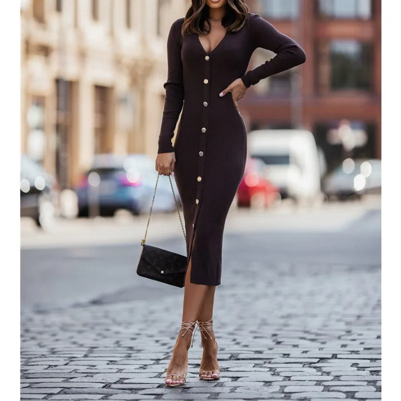 

Autumn & Winter New Women's Simple Solid Button Dress Temperament Commuting Woman Fashion Long Sleeved Elegant Skinny Dresses