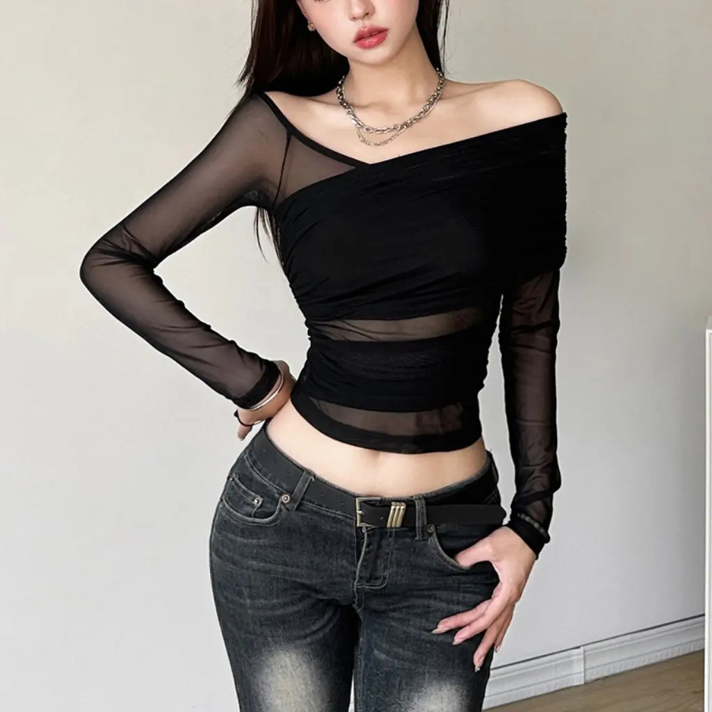 

Slimming Mesh Long Sleeve T-Shirt 2023 Autumn European American Style Sexy Hot Girl Personality Streetwear for Women