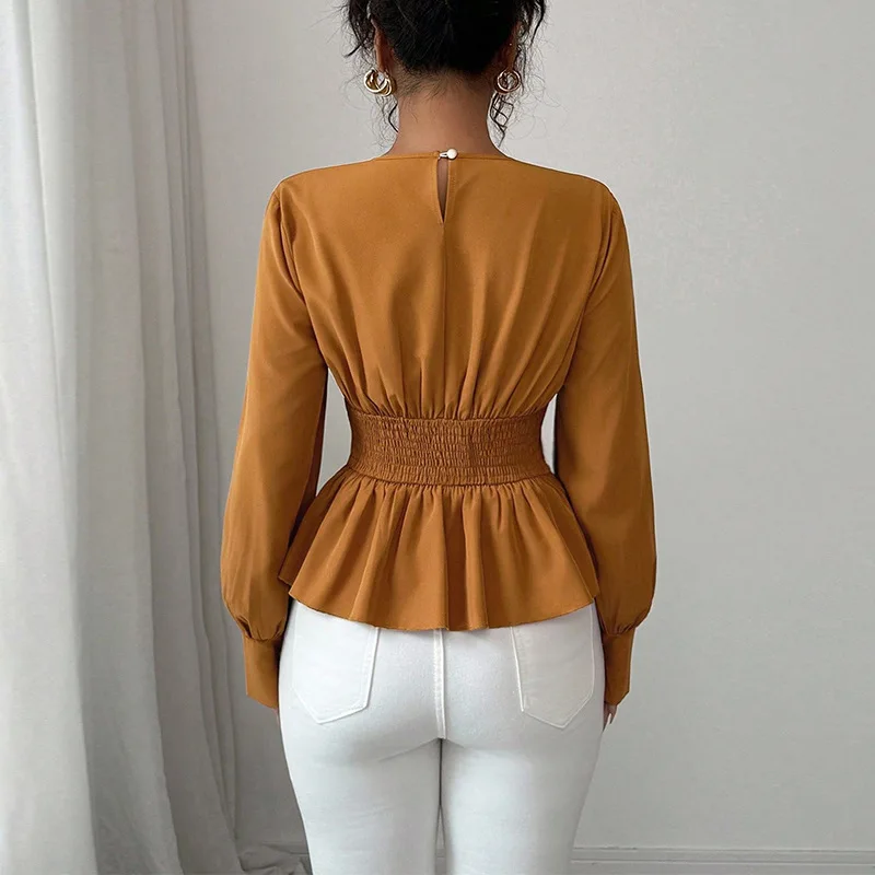 Elegant Puff Sleeve Slim Fit Blouse Solid Long Sleeve Top Autumn O Neck Shirt Women Light Brown Clothing