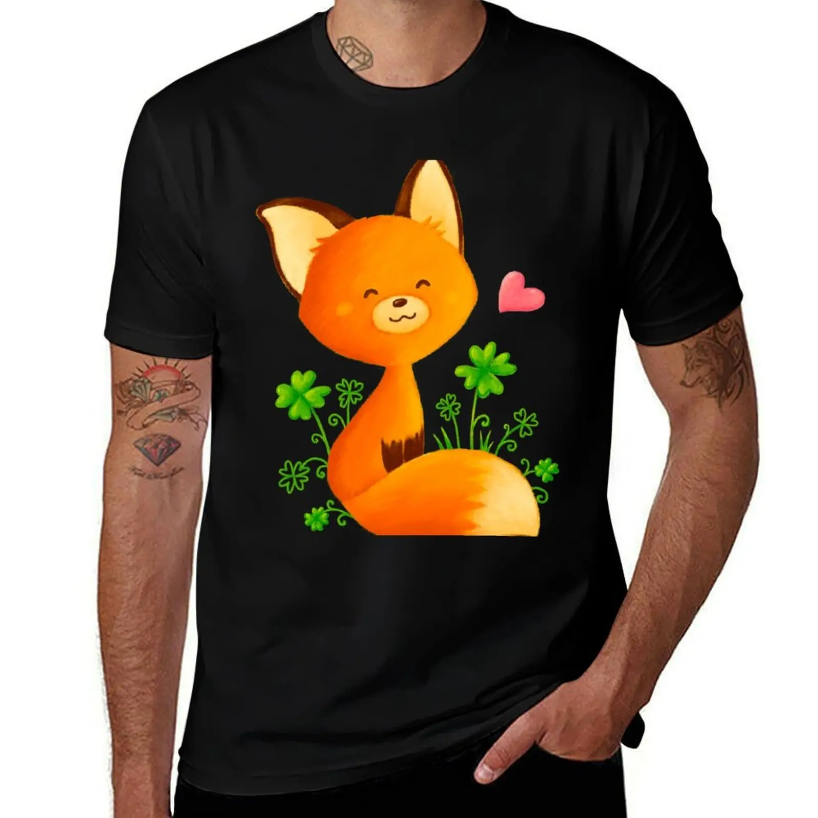 Cute little irish fox on lucky clovers field T-Shirt Casual Everyday Short Sleeve T-Shirt