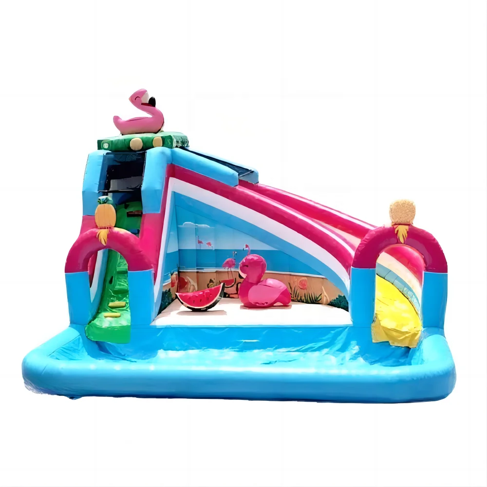 

Outdoor Flamingo Theme Summer Water Park Kid Toys Game Inflatable Water Slide With Swimming Pool