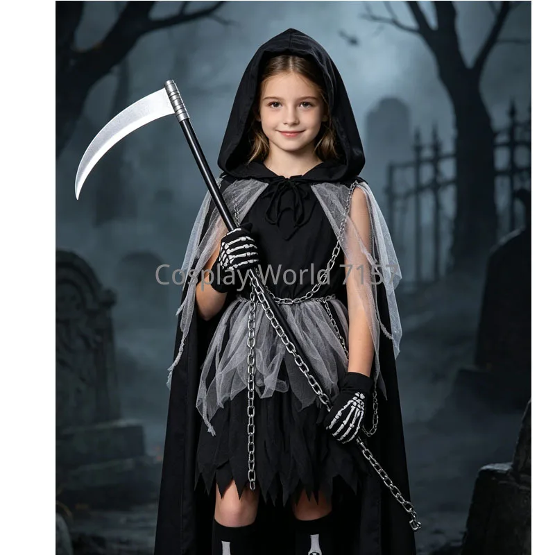 Disfraz de Halloween para Niños: Duende de la Muerte, Grim Reaper, Disfraz de Niña, Traje de Cosplay
