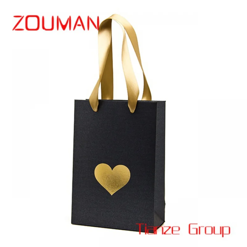 Custom , Gold Hot Stamping Black Custom Shopping Gift Packaging Paper Bags With Your Own Logo