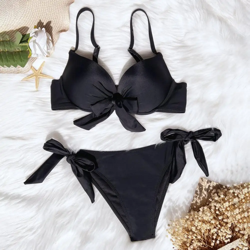 Set Bikini wanita, musim panas, empuk selempang pita renda pinggang tinggi, Set celana dalam renang, warna Solid, pakaian renang pantai