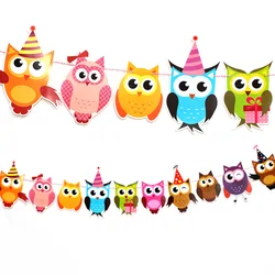 1.8M Cute Cartoon Owl Flag Pulling Banner Children's Birthday Baby Party Animal String Flag Hanging Bunting Background DIY Decor