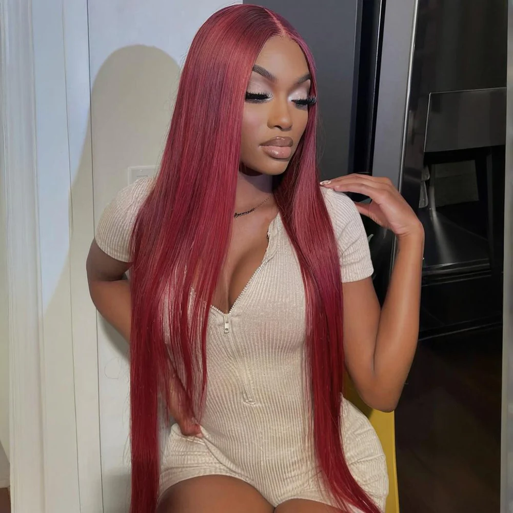 

99J Burgundy Silky Straight Human Hair Wig 46 Inch 13x6 HD Undetectable Lace Frontal 200 Density Pre Plucked Baby Hair Natural