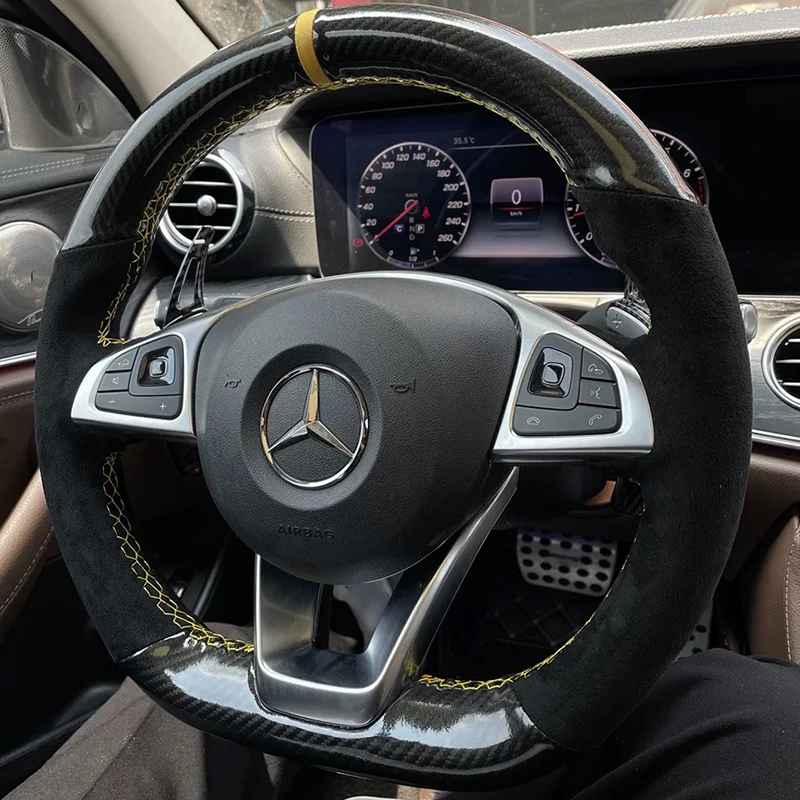 For Mercedes Benz W176 W246 W205 C117 218 X218 C253 W213 W166 Hand-stitched Black Suede Carbon Fiber Car Steering Wheel Cover