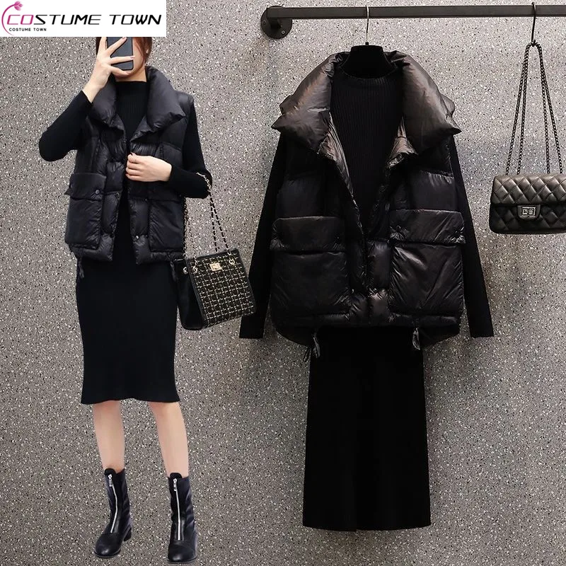 Autumn and Winter New Set Women's Korean Edition Fashion Age Reducing and Slimming Cotton Cloth Vest Woolen Dress Two Piece Set