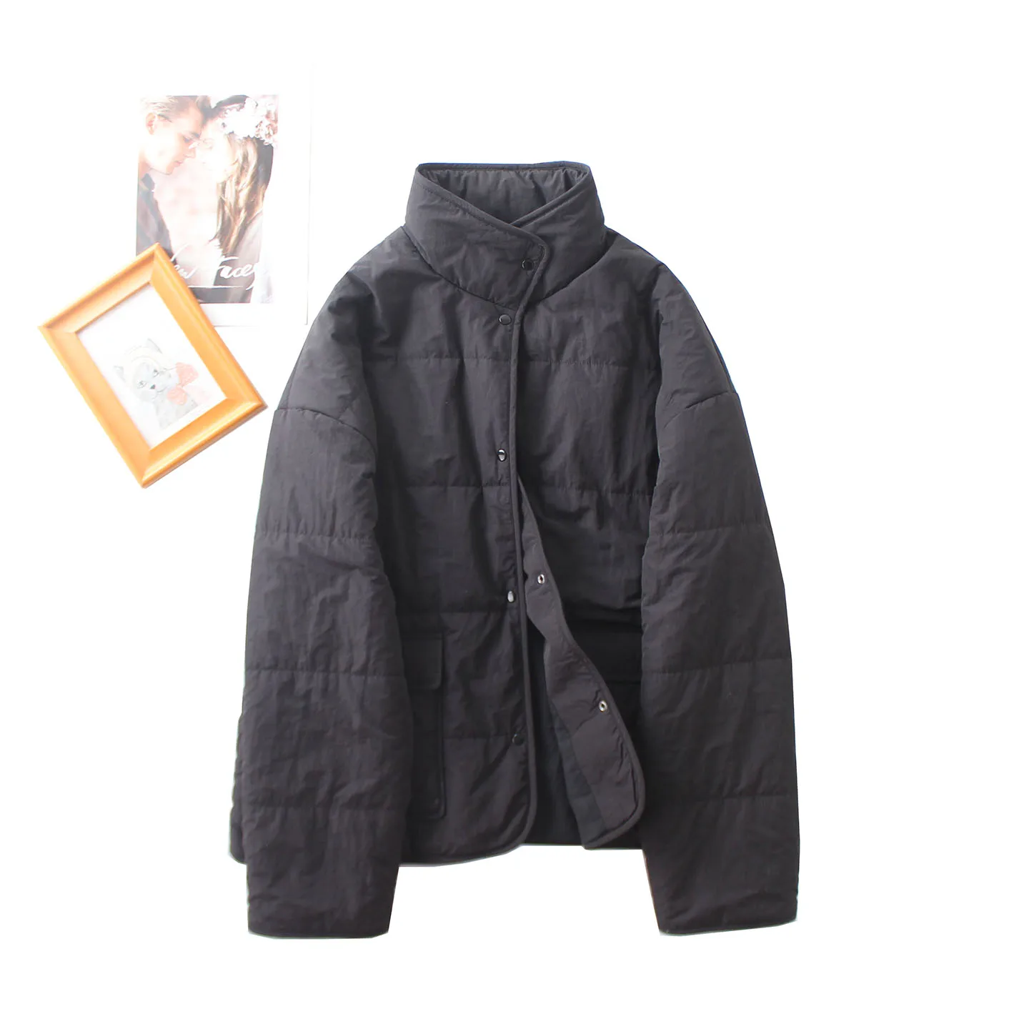 Warm Cotton Jacket Stand Collar Loose Fit Soft Cotton Padded Autumn Winter Outerwear Commute Style Long Sleeve Single Button