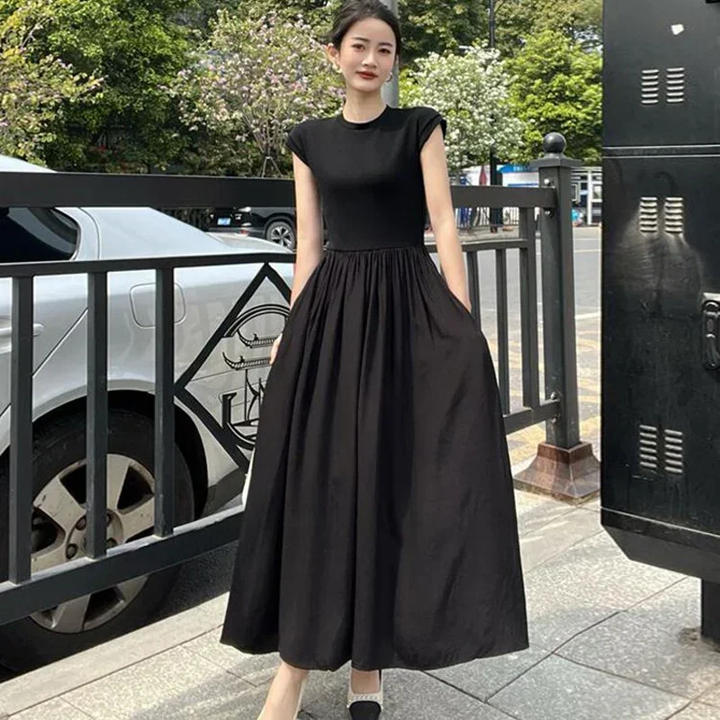 TFETTERS Brand Summer Dress for Women 2024 Fashion French Black Dresses Female Solid Color Short Sleeve Casual Slim Long Dress