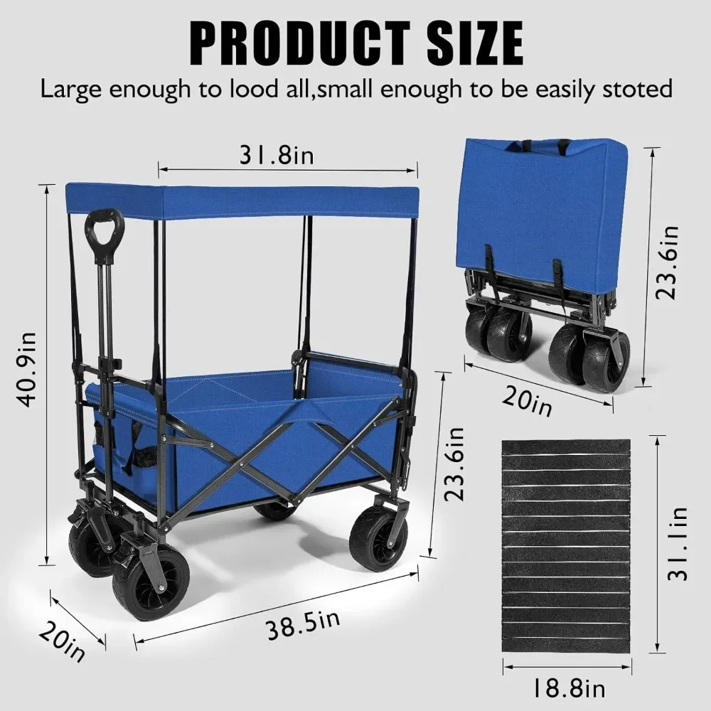 Beach Wagon Cart Foldable Travel Cart for Outdoor Camping with Canopy,Tabletop, Side Pockets, and Cup Holder Can Hold up