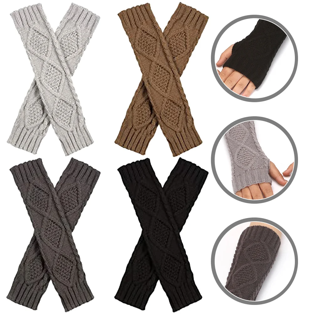 

4Pairs Warm Arm Sleeves Knitted Winter Arm Warmers for Women Simple Stylish Long Sleeve Cover Half-Finger Gloves