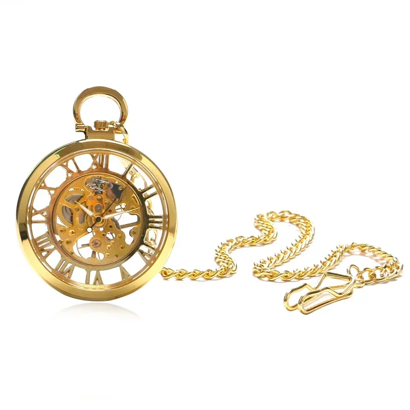 Elegant Pocket Watch Gold FOB Chain Pendant Men Antique Style Analog Watches Skeleton Women Mechanical Modern Best Gift P1039C