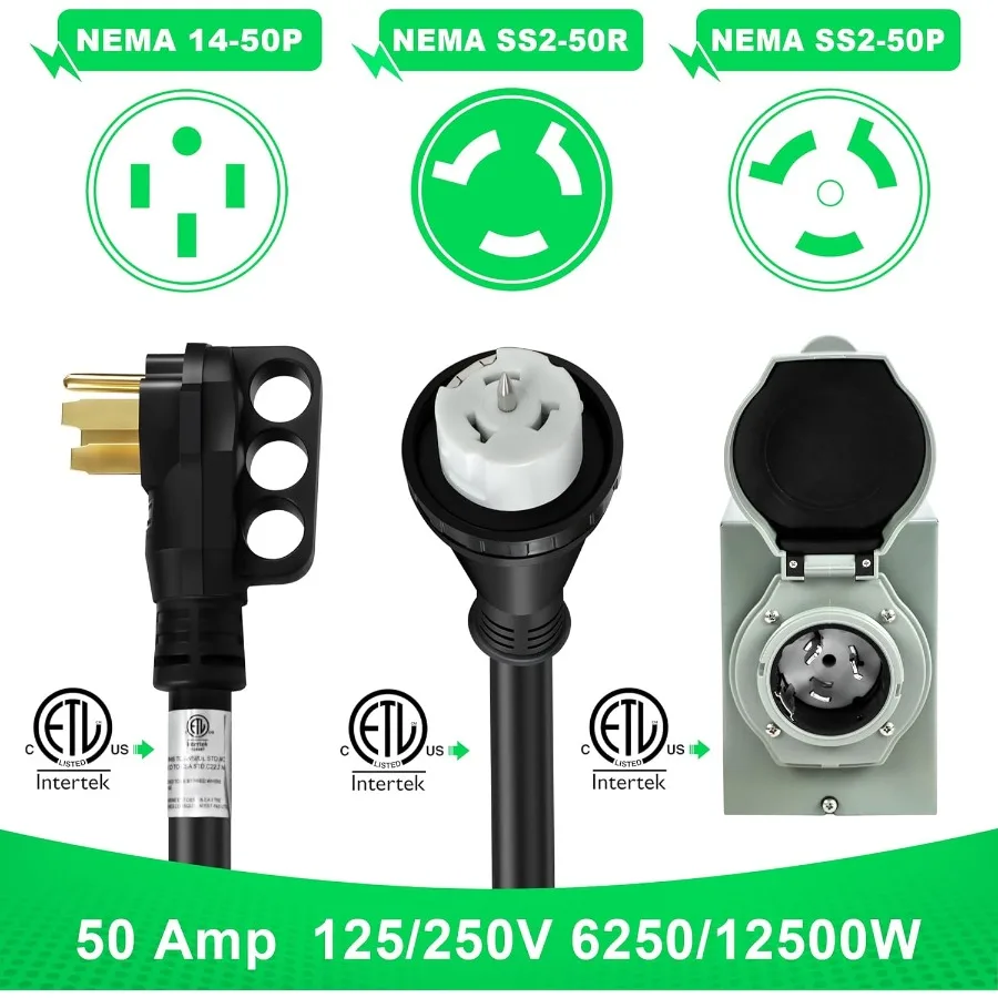 50 Ampere Generatorkabel 25 Fuß mit vorgebohrtem Stromeingangskasten für Outdoor-Wohnmobile und Home-Backup-Stromversorgung NEMA 1450P bis SS250R Twist Lock