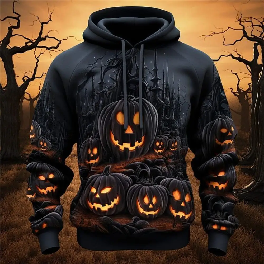 Men Halloween 3D Print Hoodie Scary Pumpkin Ghost Tree Graphic Drawstring Pullover Sweatshirt