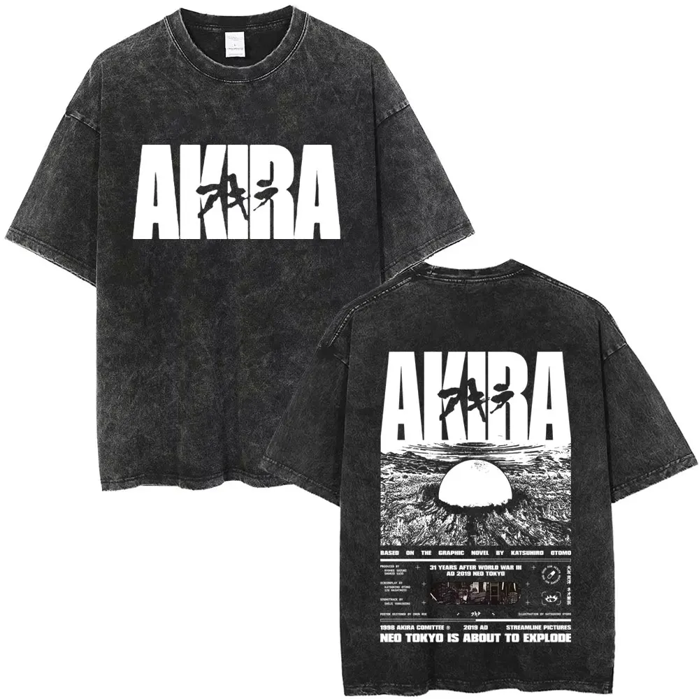 Japanese Science Fiction Cartoon Movie Anime Akira Shotaro Kaneda Shima Tetsuo Washed Vintage T Shirt Men's Oversized T-shirts