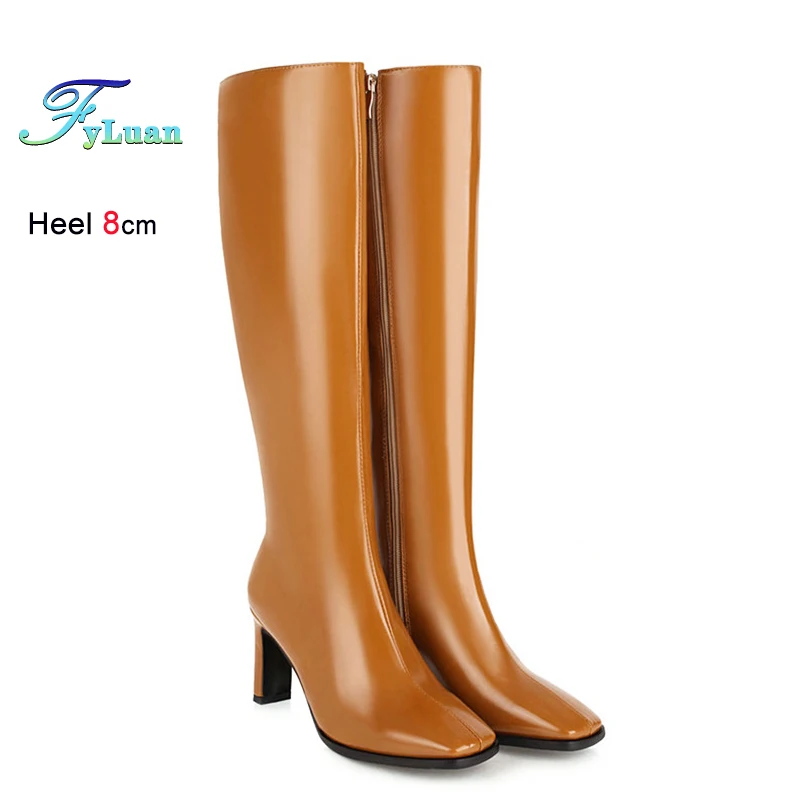 

Высокие сапоги с квадратным носком, осень-зима 202, новые женские рыцарские сапоги из лакированной кожи на толстом каблуке 8 см, женская модная обувь с боковой молнией