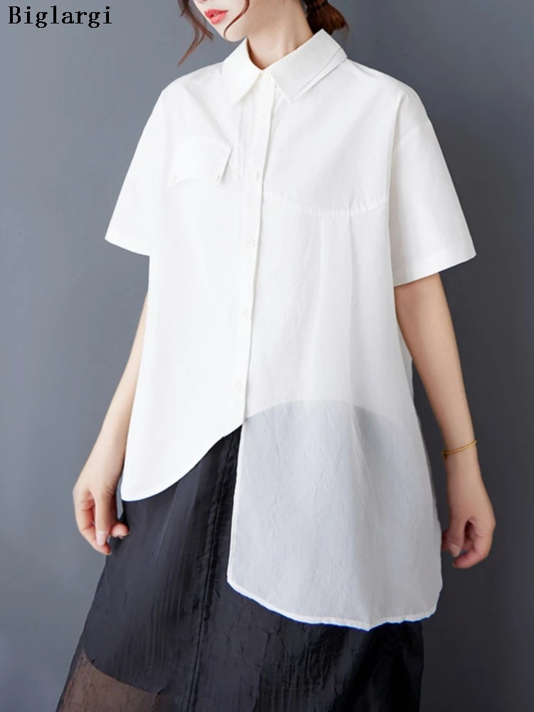 

Oversized Summer Shirts Women Irregular Fashion Pleated Casual Loose Ladies Blouses Short Sleeve Woman Shirt