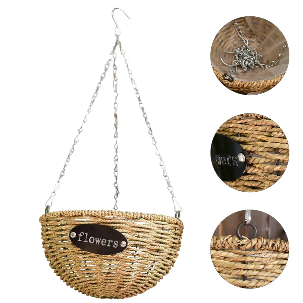 

Woven Hanging Flower Basket Straw Planter With Chain For Garden Balcony Indoor Outdoor Wall Mount Plant Holder Container