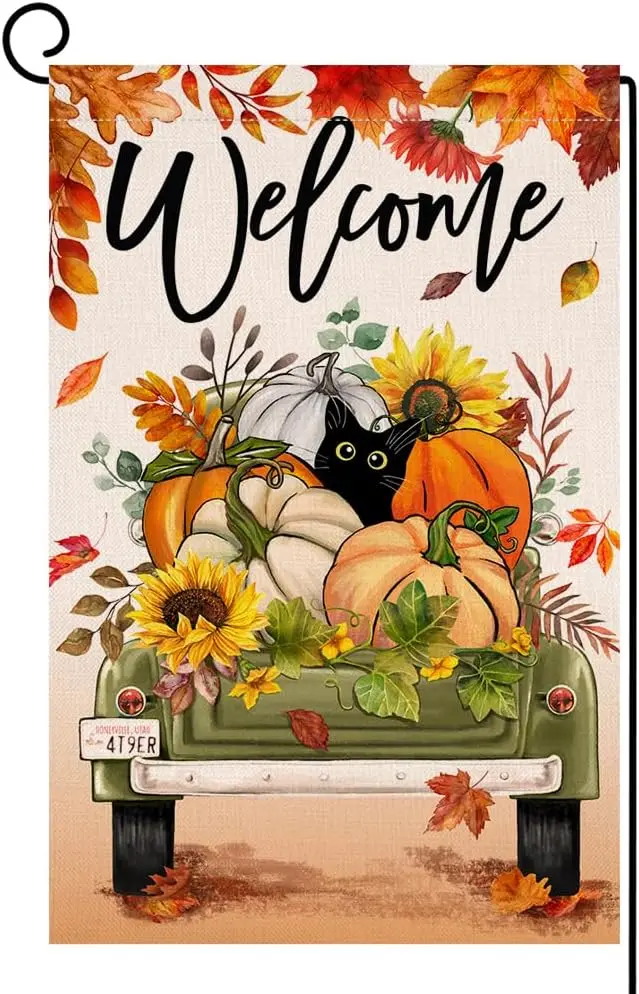 BLKWHT Fall Pumpkin Cat Garden Flag 12x18 Vertical Double Sided Sunflowers Leaves Farm Truck Welcome Autumn Thanksgiving Hol UUN
