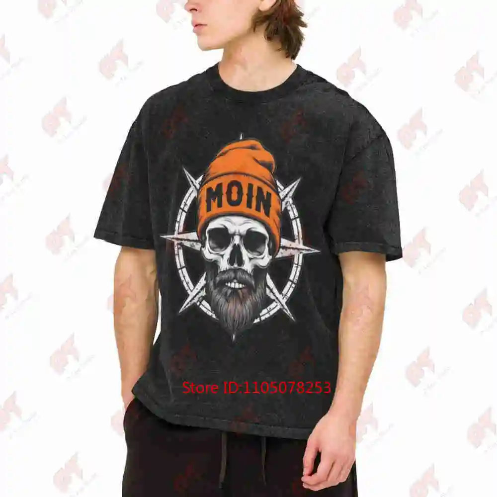 Gothic Skull Beard Moin Logo Streetwear Vintage Washed Tee Pure Cotton T-Shirt