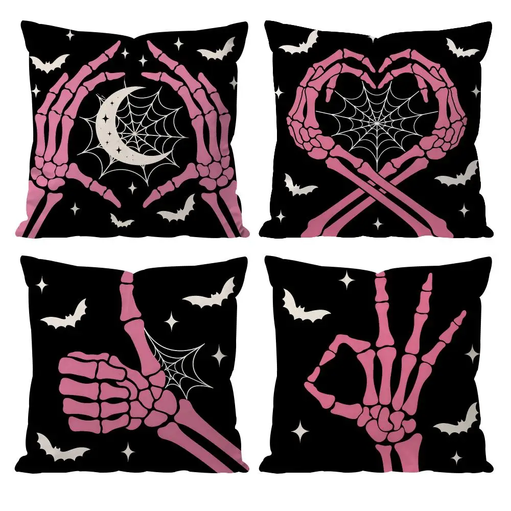 Halloween Pink Skeleton Hands Cushion Cover Double-Sided Plush Sofa Cushion Covers Organic Breathable Invisible Zipper