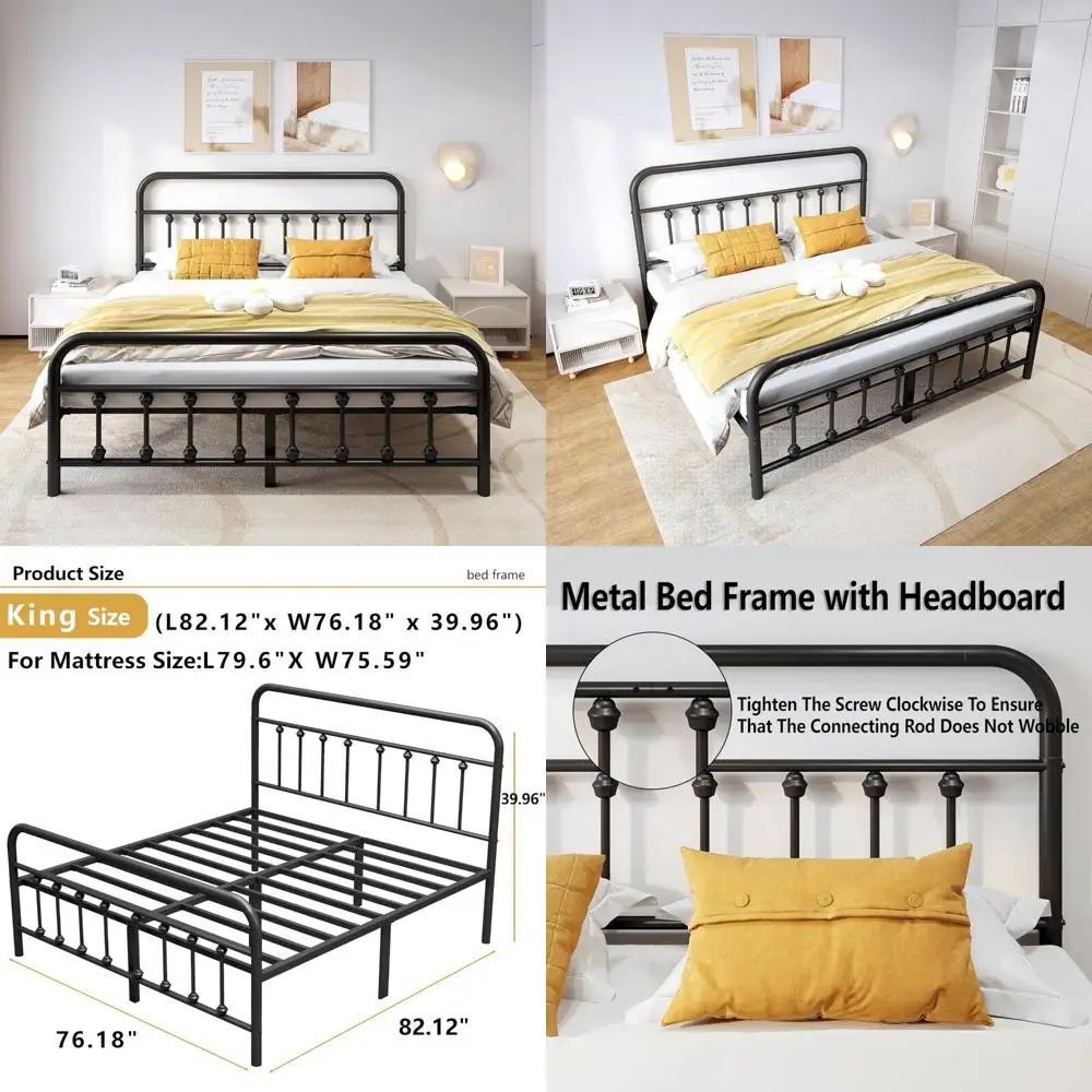 إطار سرير معدني بحجم كينج مع لوح رأسي، قوي وشديد التحمل، ودعم شريحة فولاذية، وحل تخزين تحت السرير