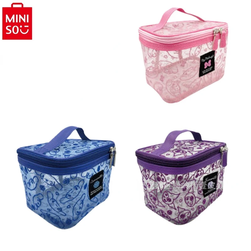 MINISO 2024 Cute Cartoon Kuromi Fashion High Quality Mesh Handbag for Women Large Capacity Lightweight Storage Makeup Bag