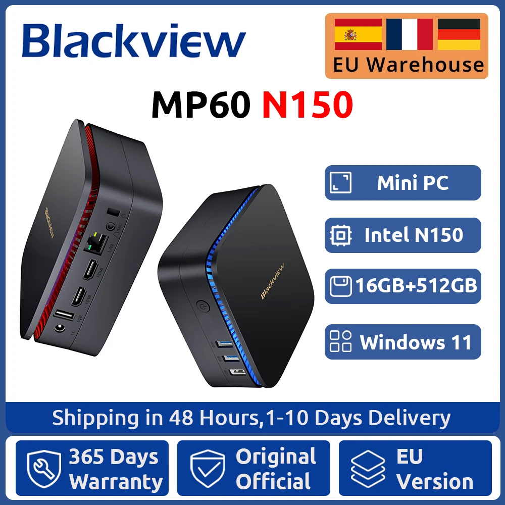 Blackview-Mini PC MP60, Windows 11, Intel N150, 16 Go, 512 Go, SSD, 4K, HD, Double HDMI, Touriste-Band, 2.4G, Première mondiale, Nouveau