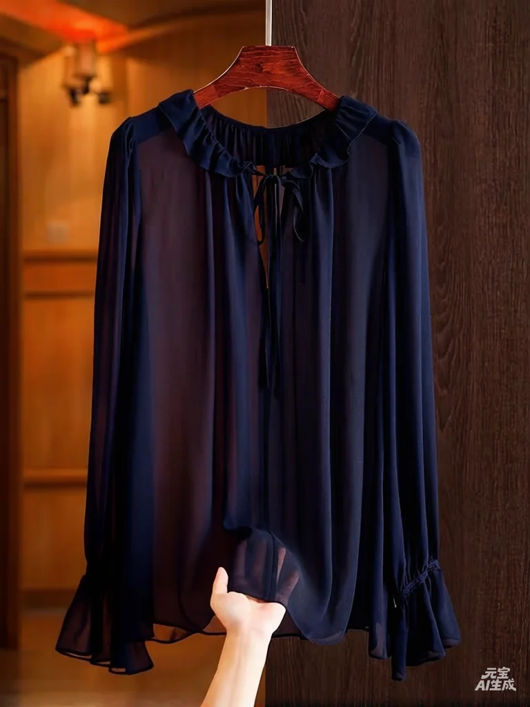 Spring Summer Ladies Lightweight Chiffon Long Sleeve Shirt plus Size Lace-Up See-Through Black Blouse Sexy 5XL Chiffon Top