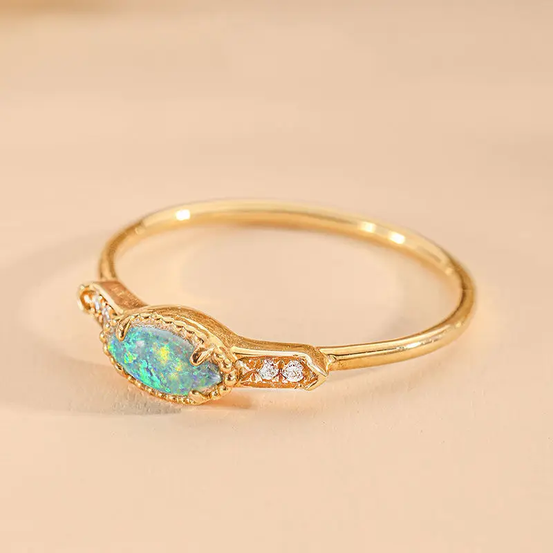 Ancient gold craftsmanship small and exquisite inlaid colorful Opal rings for women light luxury charm banquet silver jewelry