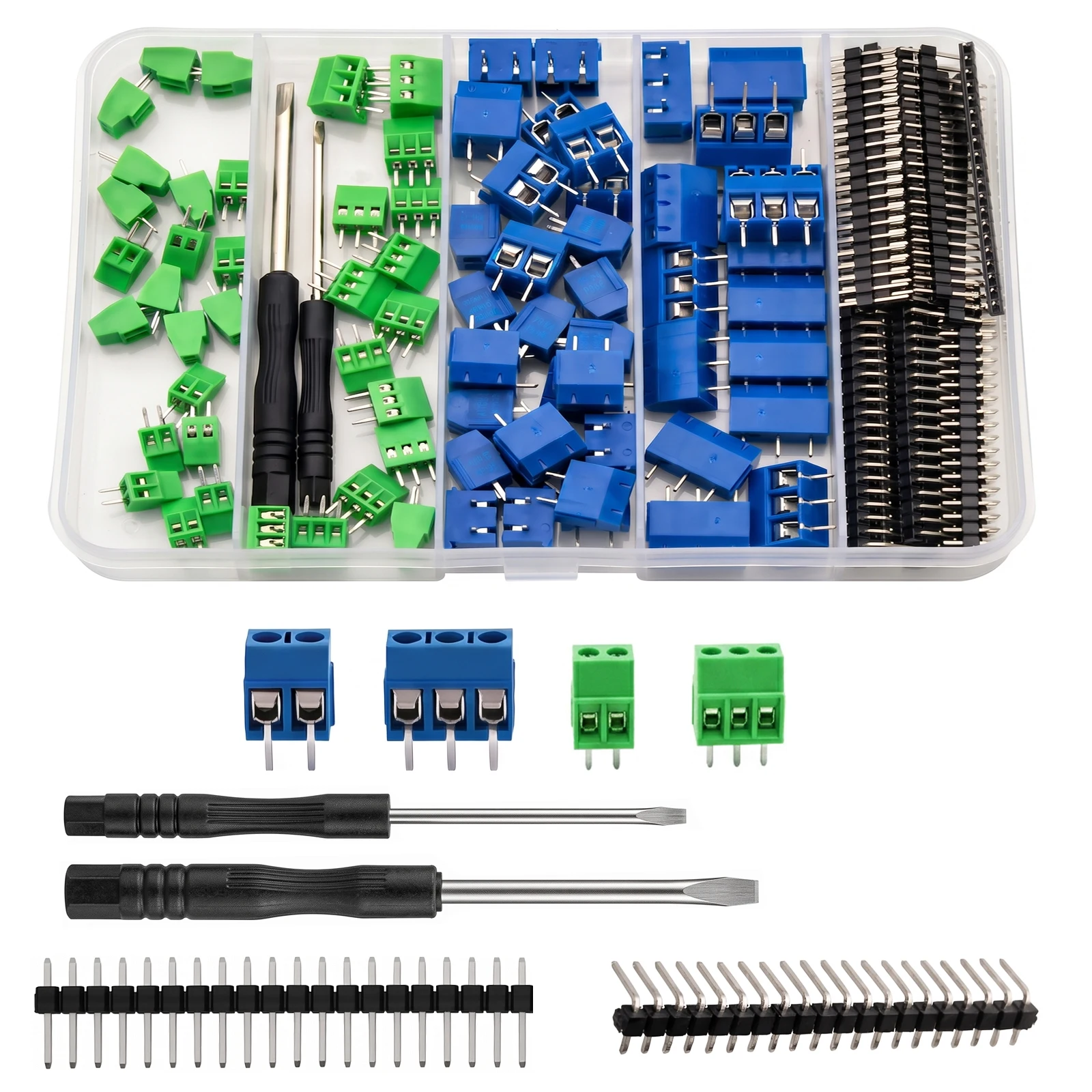 102Pcs Screw Terminal Block Kit, 2.54mm & 5.08mm Pitch 2Pin 3Pin Terminal Connectors with 20P Single Row Male Pin Headers