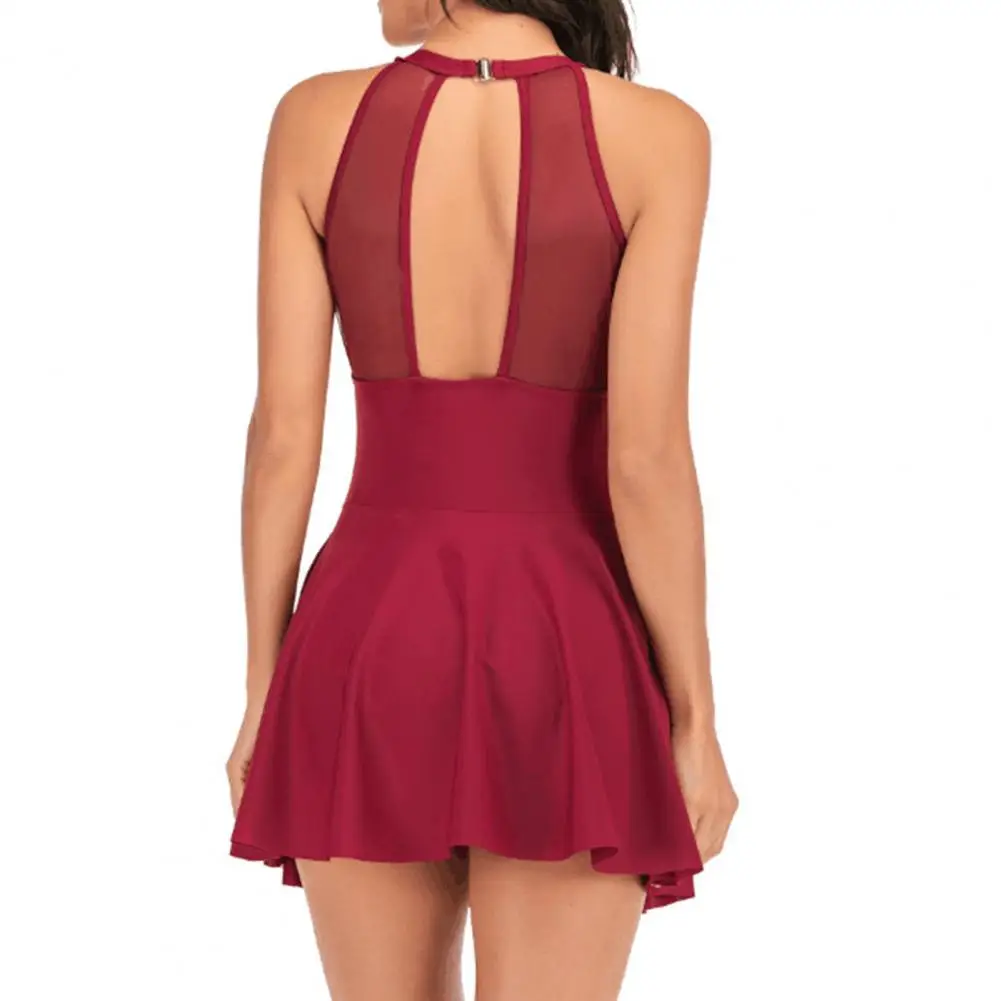 Vestido Monokini de uma peça para piscina, o-pescoço, sem mangas, bainha Flowy, decote em v profundo, renda, estilo sexy, biquíni