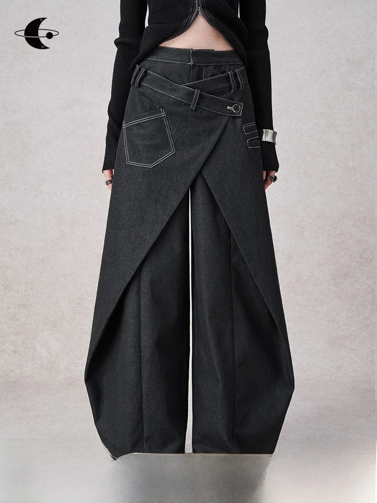 Damskie jeansy z wysokim stanem i szerokimi nogawkami, luźny krój, spodnie dżinsowe AnnoMundi Design Sensation, imitacja dwuczęściowych spodni, spodnie na wczesną jesień.