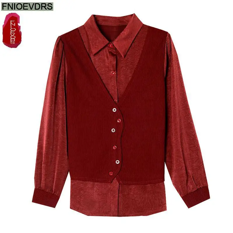 Patchwork Fake Two Piece Design Tops New Women Autumn 2024 Fashion Office Lady Elegant Retro French Tunic Button Shirts Blouses