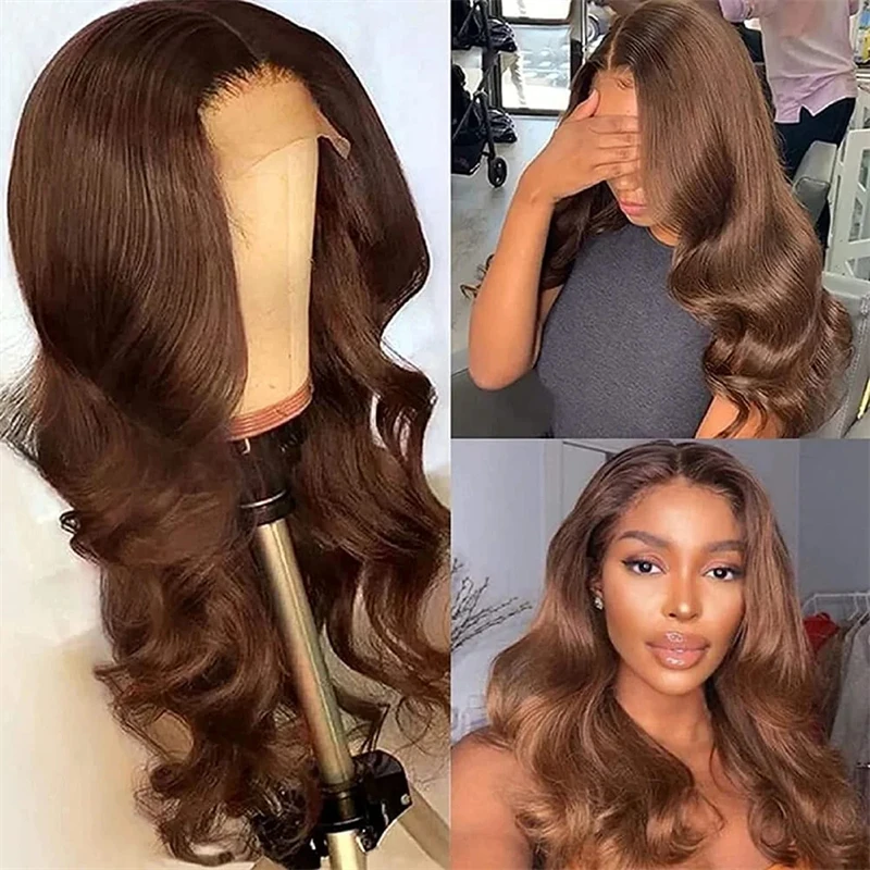 Long Body Wave Synthetic Wigs Middle Part Dark Brown Highlight  Brown Wig Loose Wave Wig for Black Women Brazilian HD Wigs