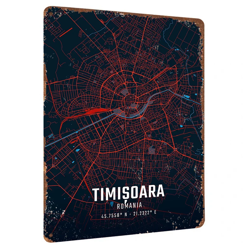 Timisoara Romania City Map Metal Wall Art Modern Urban Decor for Home Office Gift